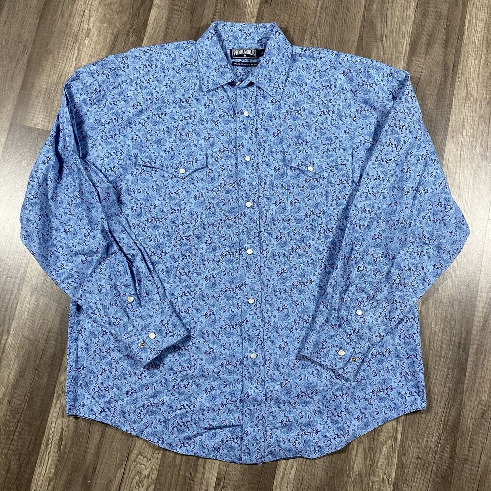 Panhandle Slim Pearl Snap Shirt Men L Blue Paisley Western Cowboy Ranch Festival